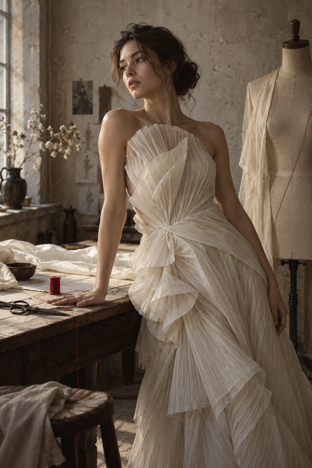 Ivory hand-pleated dress in the SÉLUNE atelier