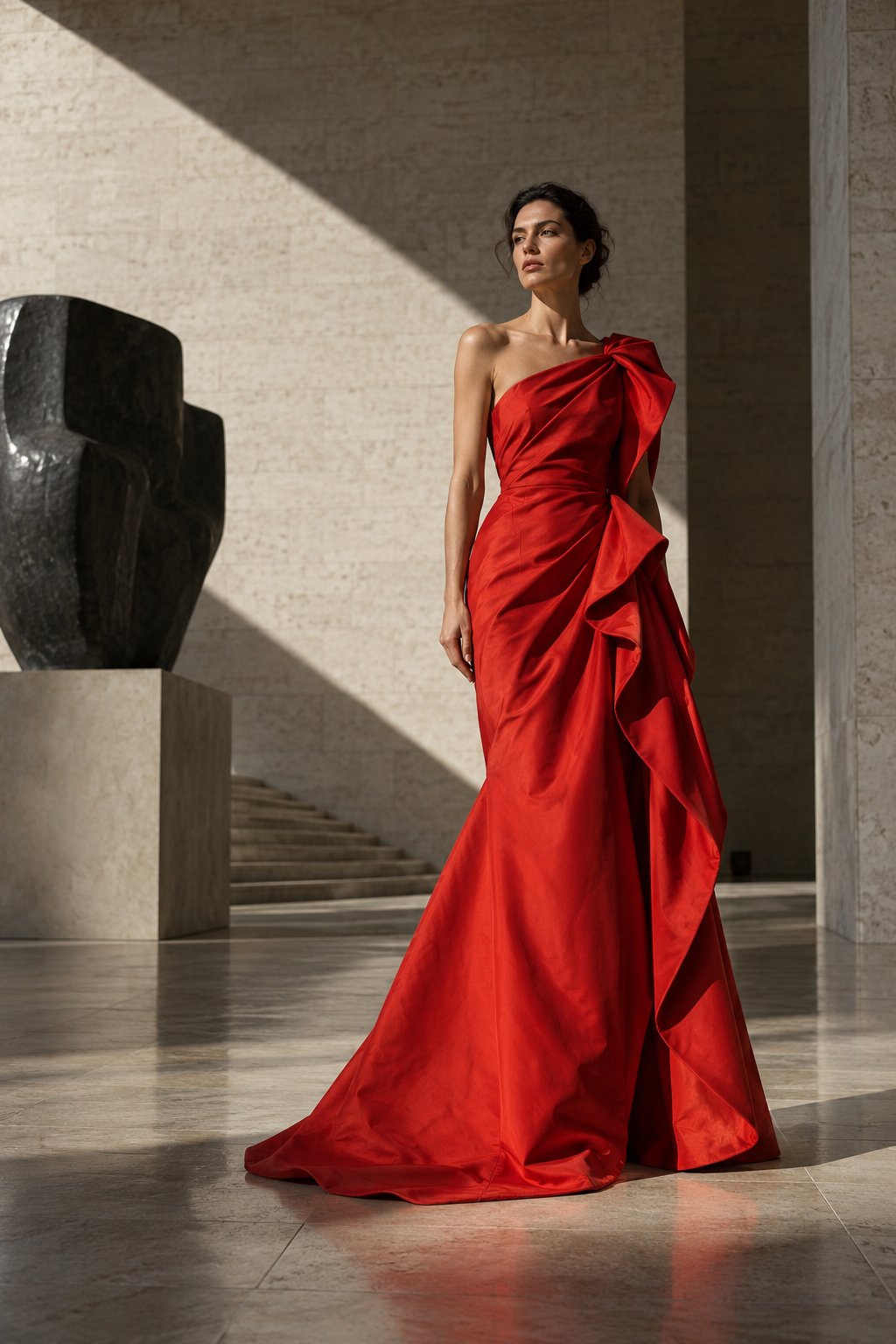 Woman wearing a sculptural vermilion gown in a stone gallery
